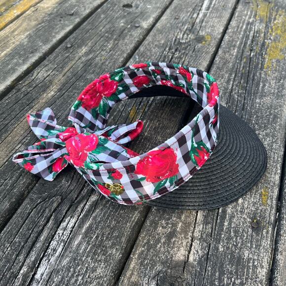 Betsey Johnson Gingham Floral Visor Black Brim Adjustable Tie One Size EUC - Picture 3 of 8